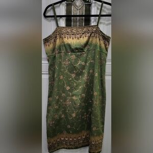 Vintage 90s Green And Gold Floral Spaghetti Strap Dress Women's Juniors Size 11